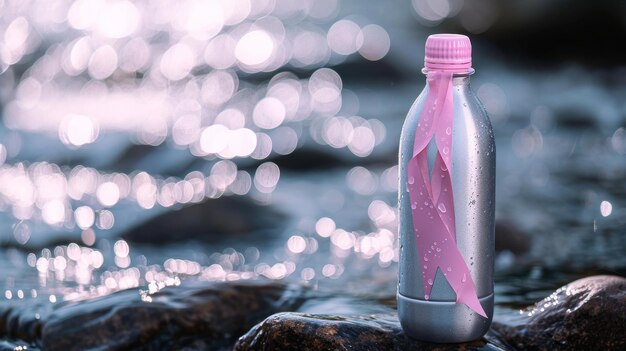 Foto botella de agua con cinta rosa cáncer de mama