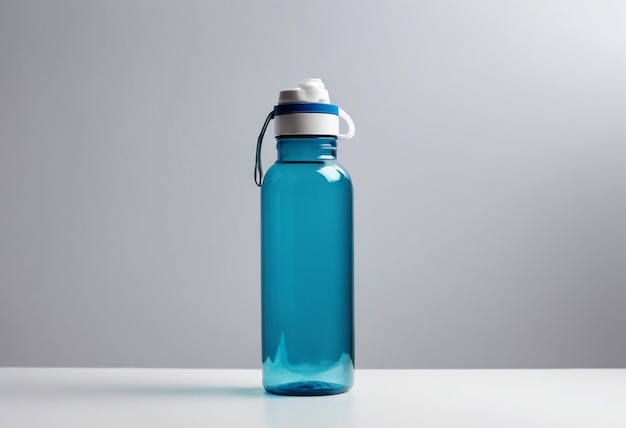 botella de agua de color azul con fondo blanco