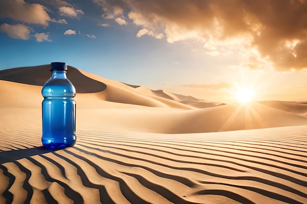 Una botella de agua en el desierto con la puesta de sol detrás