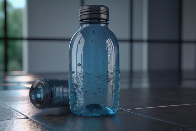 Una botella de agua en la encimera de la cocina.