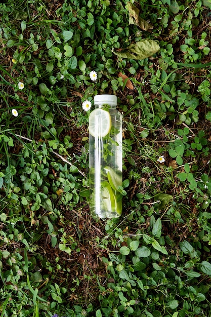 Botella de agua se encuentra sobre la hierba verde entre las margaritas