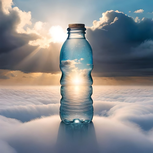 Una botella de agua está en una nube en el cielo.