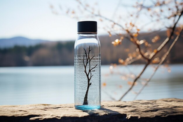 Foto botella de agua y flor de cerezo en una mesa de madera en el lago