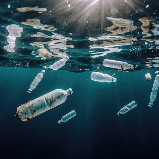 Una botella de agua flota en el agua y la palabra plástico está en el fondo.