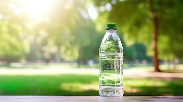 Una botella de agua frente al fondo de un parque verde soleado