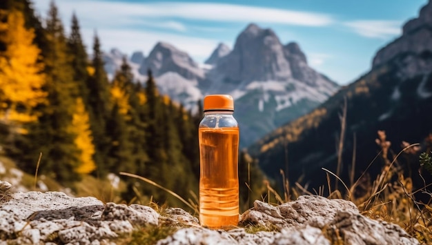 Una botella de agua frente a una montaña.