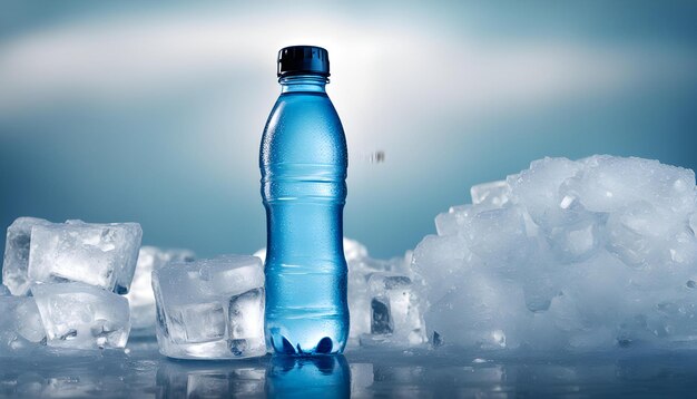 Foto una botella de agua con hielo y hielo en ella