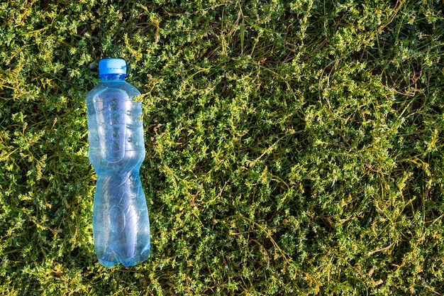 Botella con agua limpia y fresca sobre la hierba verde. Vista superior, espacio de copia