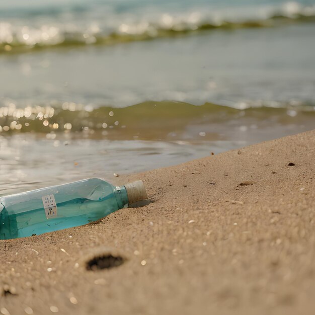 Foto una botella de agua de mar está en la arena