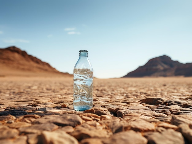 Foto una botella de agua en medio del desierto.