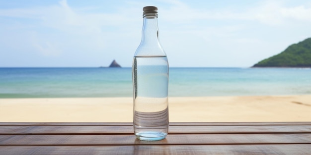 Una botella de agua en una mesa con una playa al fondo