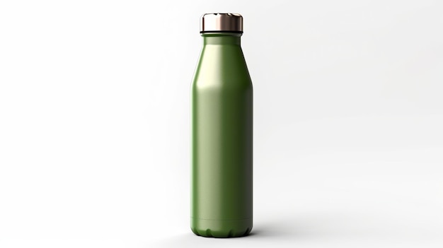 Una botella de agua de metal verde reutilizable aislada sobre un fondo blanco AI generativo