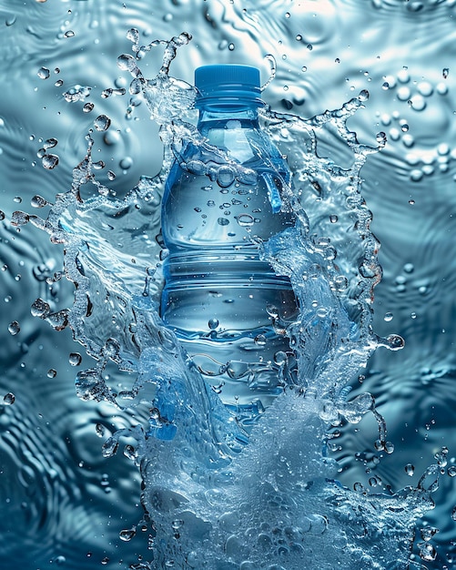 Foto botella de agua mineral salpicando en el agua sobre un fondo azul