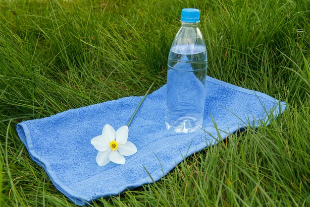 Botella de agua mineral, toalla azul y narciso de color blanco y amarillo sobre la hierba verde