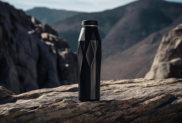 una botella de agua negra está colocada sobre las rocas de las montañas con un elegante acabado metálico
