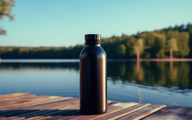 Una botella de agua opaca negra descansa en una cubierta de madera con un lago sereno