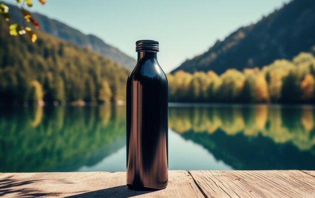 Una botella de agua opaca negra descansa en una cubierta de madera con un lago sereno