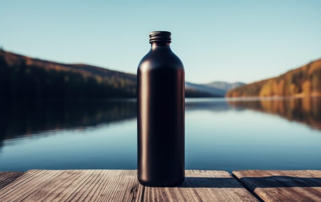 Una botella de agua opaca negra descansa en una cubierta de madera con un lago sereno