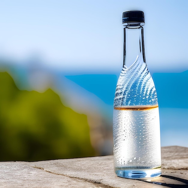 Una botella de agua con la palabra "agua" en ella