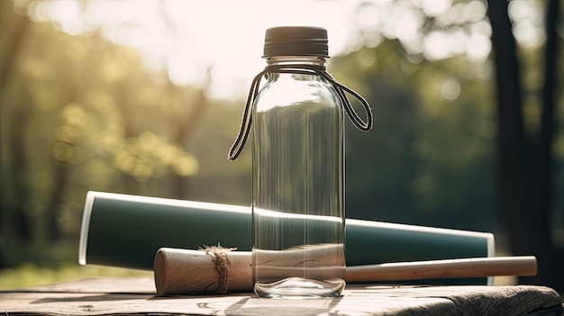 Una botella de agua con un pergamino enrollado