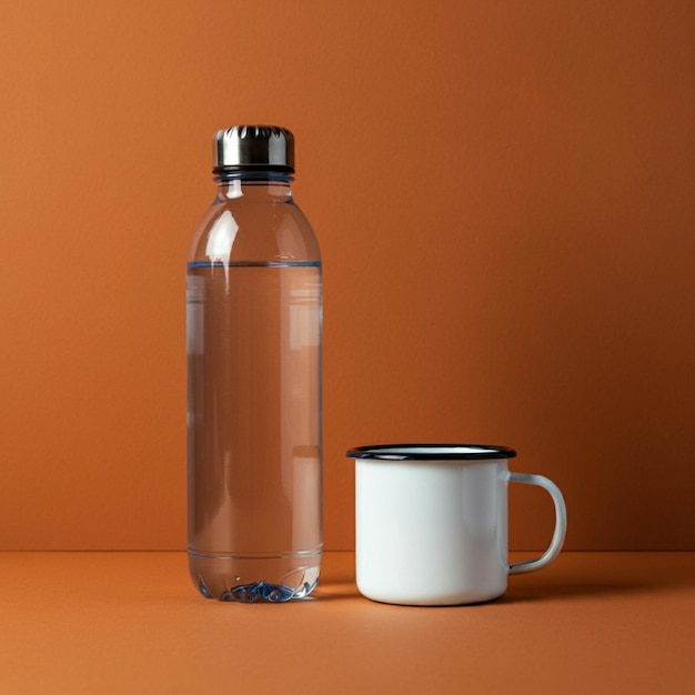 Botella de agua plana y taza de campamento con luz de estudio de estilo minimalista