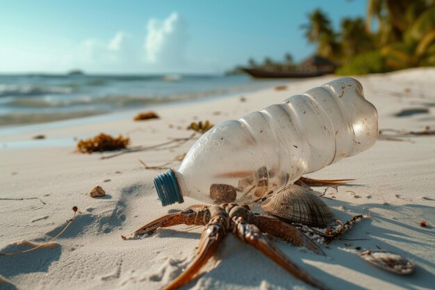 Botella de agua de plástico con mariscos Ejemplo de contaminación marina