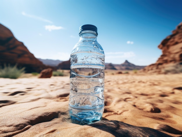 Una botella de agua de plástico en medio del desierto