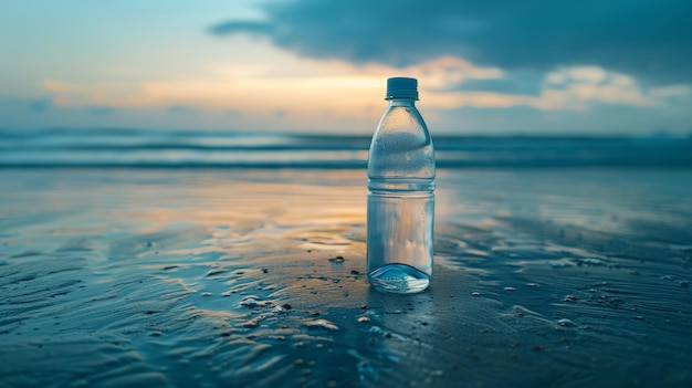 Botella de agua en la playa de arena