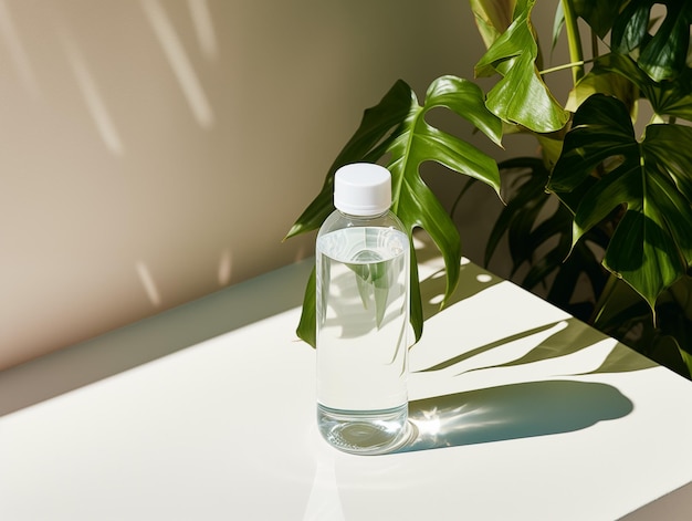 botella de agua potable blanca en blanco producnt en la variedad de fotos de la mesa blanca con un vaso mínimo