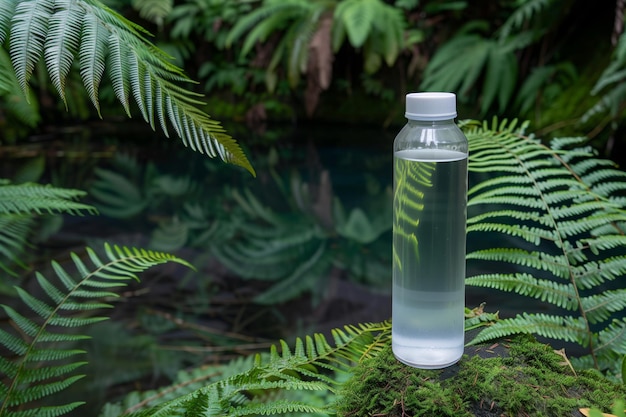 Botella de agua en primer plano rodeada de helechos