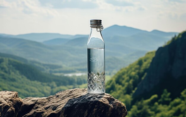Botella de agua refrescante en una superficie texturizada contra una vista montañosa