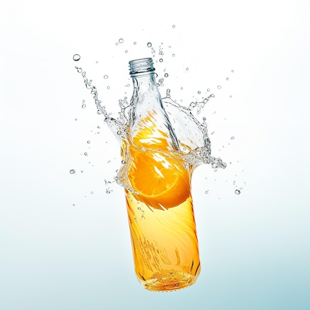 Foto botella de agua renderizada en 3d de fruta de mango sumergida en agua