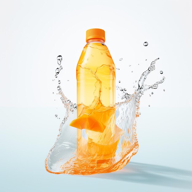 Foto botella de agua renderizada en 3d de fruta de mango sumergida en agua