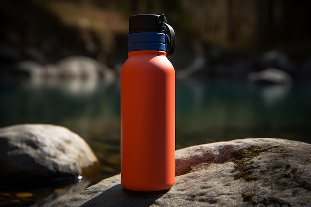 Una botella de agua reutilizable de color naranja se asienta sobre una roca frente a un río.