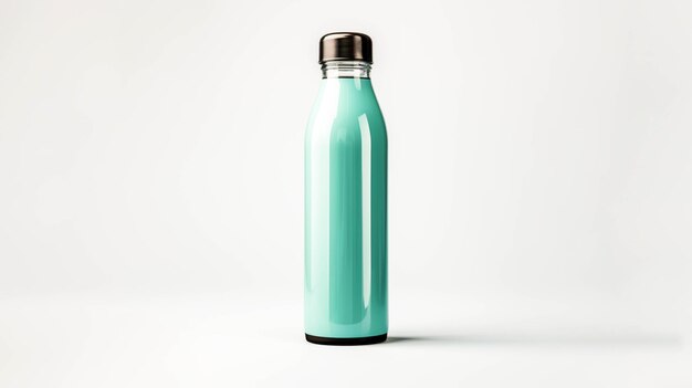 Botella de agua reutilizable de plástico sobre fondo blanco