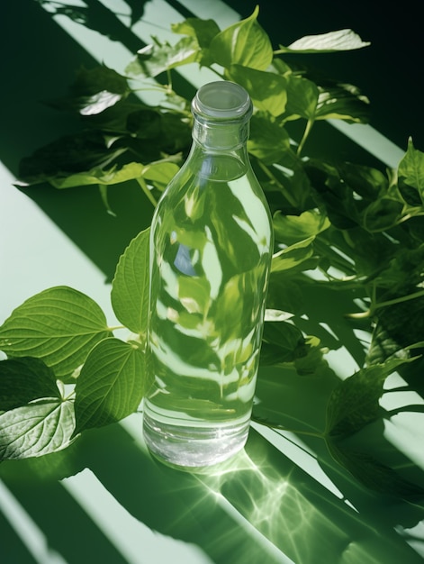 Foto una botella de agua de rosa de melocotón junto a una hoja de limón