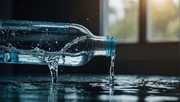 Foto una botella de agua con un salto de agua en ella