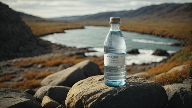 una botella de agua sentada en lo alto de una roca