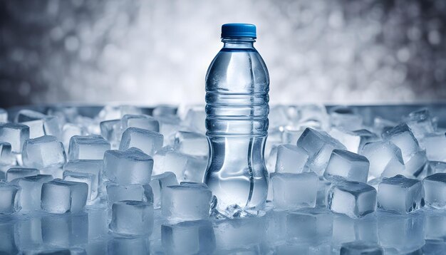 una botella de agua se sienta en una bandeja de hielo con cubos de hielo