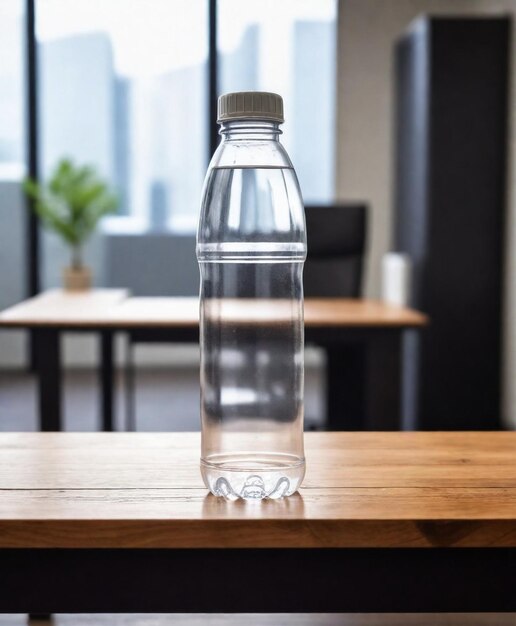 una botella de agua se sienta en una mesa de madera frente a una ventana