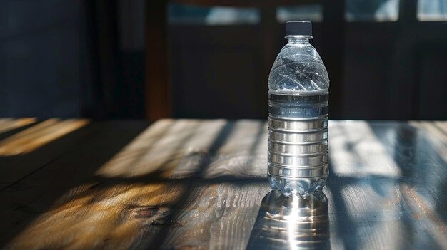 una botella de agua se sienta en una mesa con las palabras "agua" en la parte superior