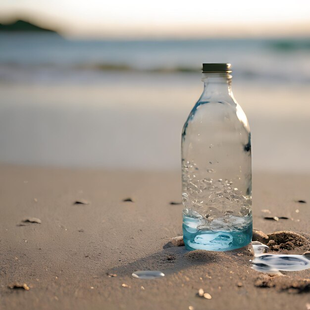 Foto una botella de agua se sienta en la playa con unas cuantas piedras en la arena