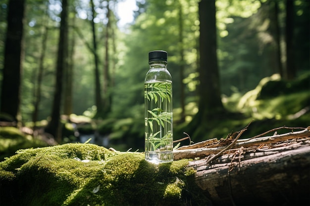 Una botella de agua sobre una mesa de madera en un bosque