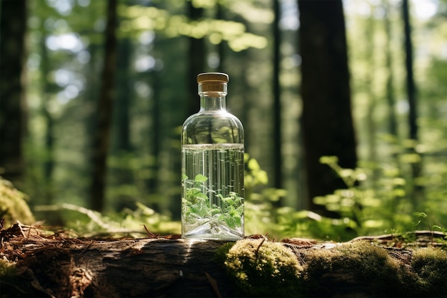 Una botella de agua sobre una mesa de madera en un bosque