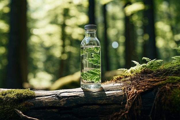 Una botella de agua sobre una mesa de madera en un bosque