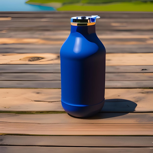 Una botella de agua sobre una mesa de madera