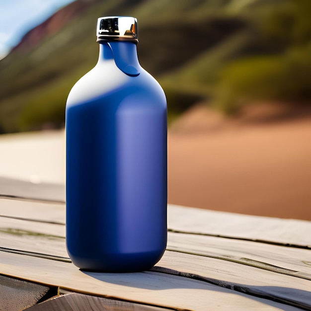 Una botella de agua sobre una mesa de madera