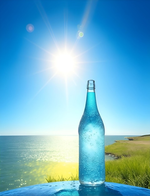 Foto una botella de agua con el sol detrás