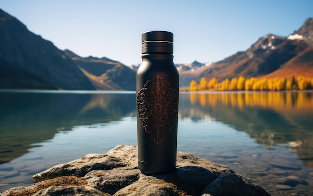 Una botella de agua solitaria flotando en un lago tranquilo