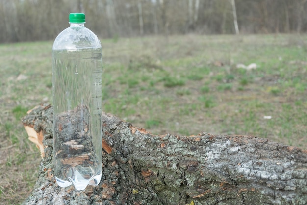 Una botella de agua en el suelo en una caminata por la naturaleza